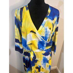 Womens Blue and Yellow Plus Size Wrap Dress With Belt NWT Size XXL